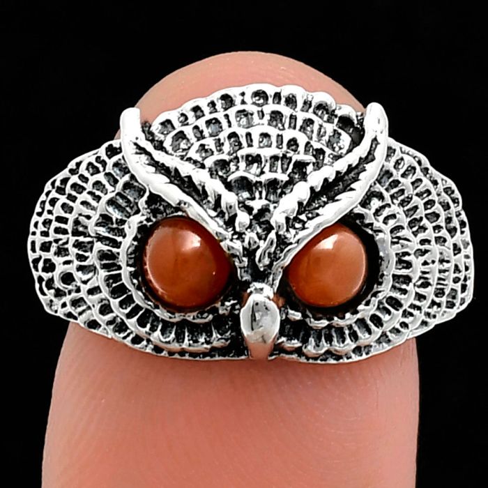 Owl - Peach Moonstone Ring size-9 EXR04410 R-1022, 4x4 mm