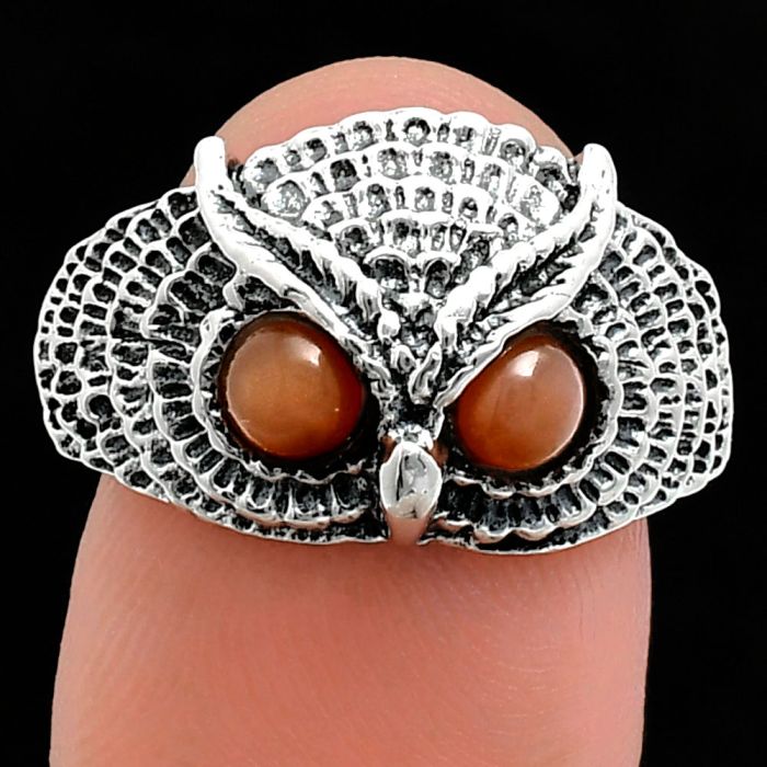 Owl - Peach Moonstone Ring size-9 EXR04414 R-1022, 4x4 mm