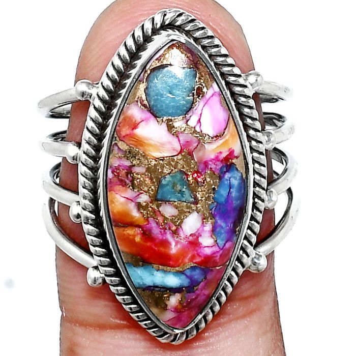 Kingman Orange Dahlia Turquoise Ring size-8 EXR04524 R-1010, 11x22 mm