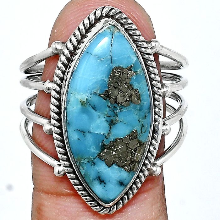 Kingman Turquoise With Pyrite Ring size-9.5 EXR04529 R-1010, 11x22 mm