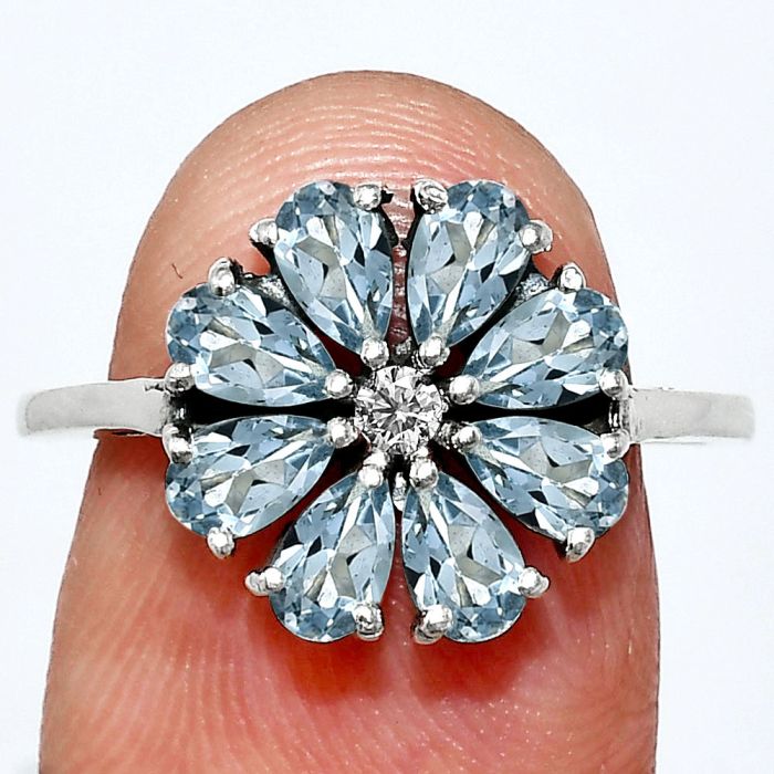 Sky Blue Topaz and Moissanite Ring size-8 EXR04854 R-1031, 3x5 mm