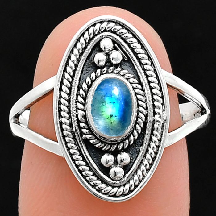 Rainbow Moonstone Ring size-8.5 EXR04973 R-1258, 6x4 mm