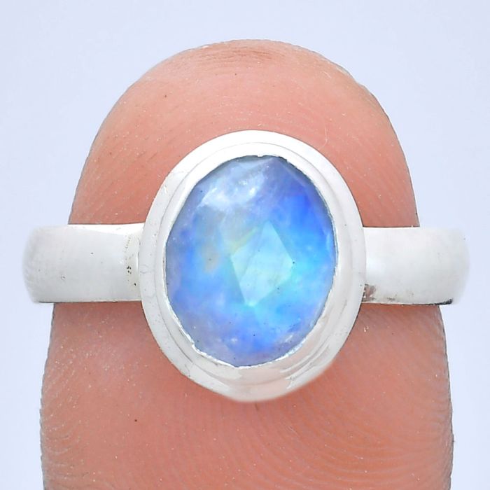 Rainbow Moonstone Checker Ring size-8 EXR05168 R-1007, 8x10 mm