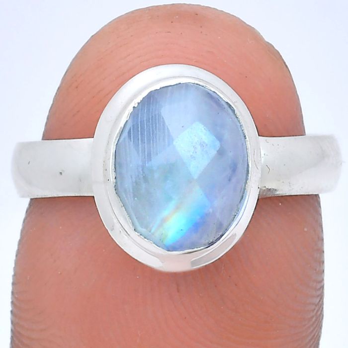 Rainbow Moonstone Checker Ring size-7 EXR05175 R-1007, 8x10 mm