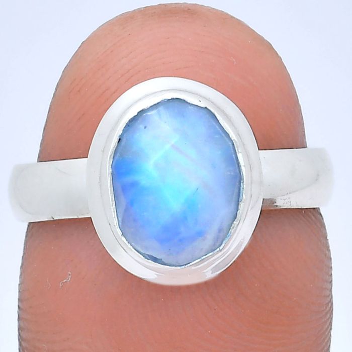 Rainbow Moonstone Checker Ring size-7 EXR05180 R-1007, 8x10 mm