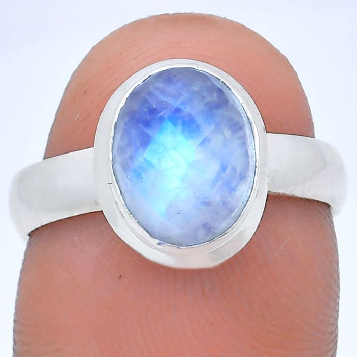 Rainbow Moonstone Checker Ring size-7 EXR05183 R-1007, 8x10 mm