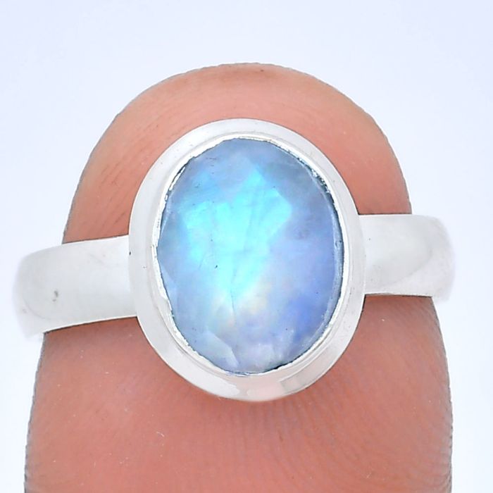 Rainbow Moonstone Checker Ring size-7 EXR05185 R-1007, 8x10 mm