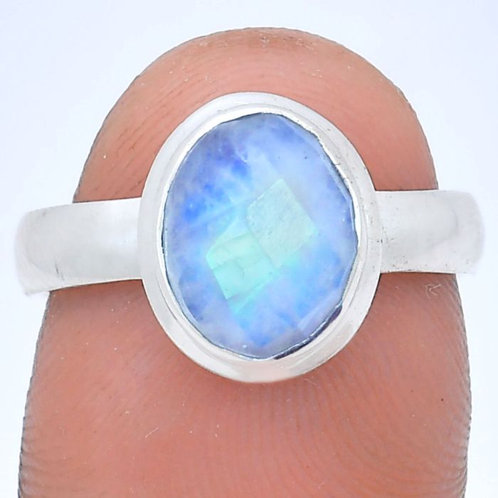 Rainbow Moonstone Checker Ring size-7 EXR05187 R-1007, 8x10 mm