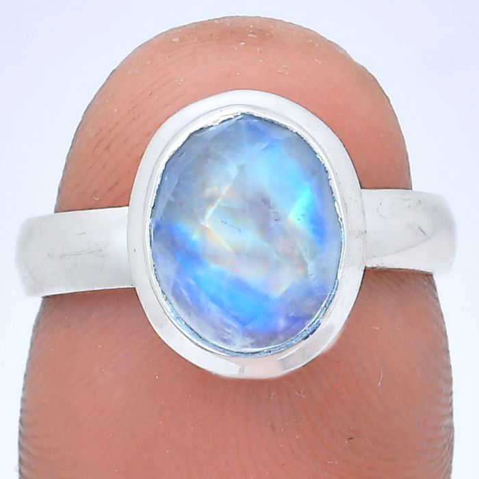 Rainbow Moonstone Checker Ring size-6 EXR05190 R-1007, 8x10 mm