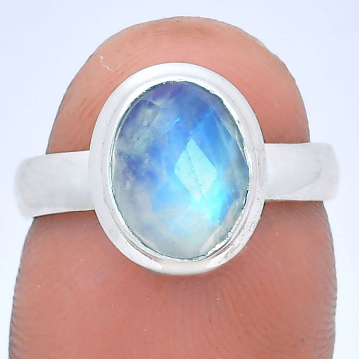 Rainbow Moonstone Checker Ring size-6 EXR05203 R-1007, 8x10 mm