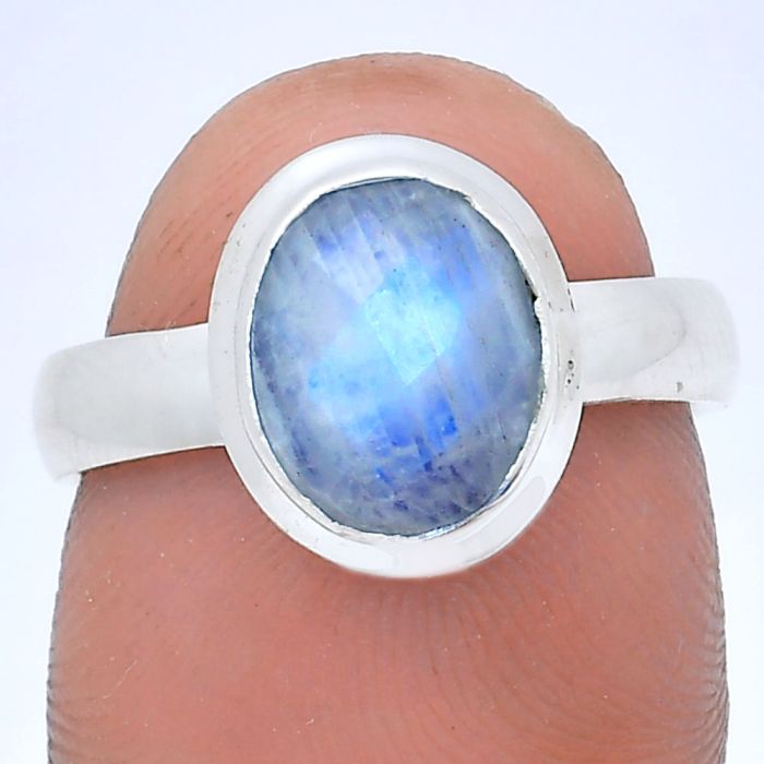 Rainbow Moonstone Checker Ring size-7 EXR05204 R-1007, 8x10 mm