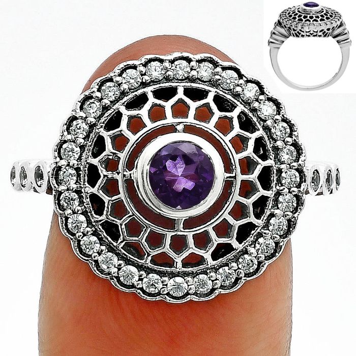 African Amethyst and White Zircon Ring size-6 EXR05593 R-1735, 4x4 mm