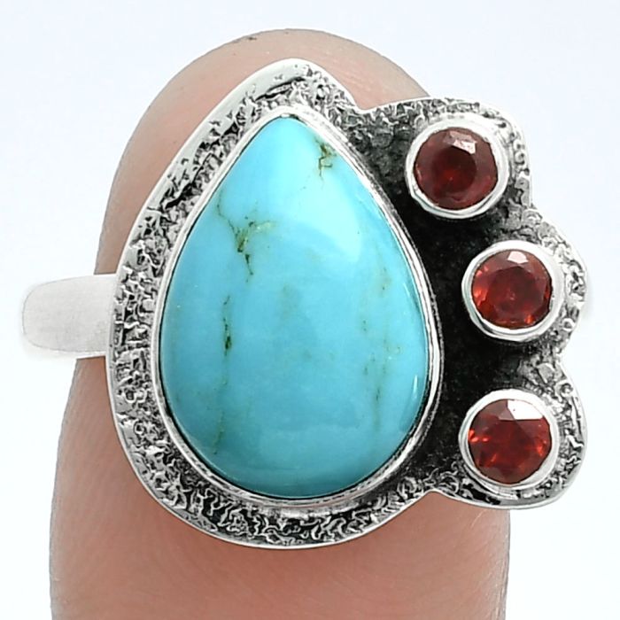 Natural Rare Turquoise Nevada Aztec Mt and Garnet Ring size-10 EXR05647 R-1655, 10x14 mm