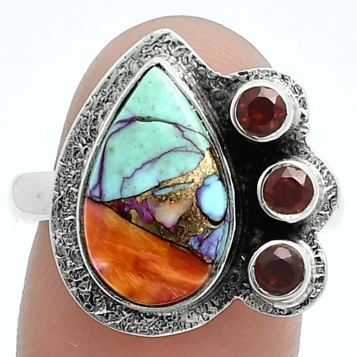 Kingman Orange Dahlia Turquoise and Garnet Ring size-9 EXR05648 R-1655, 9x14 mm