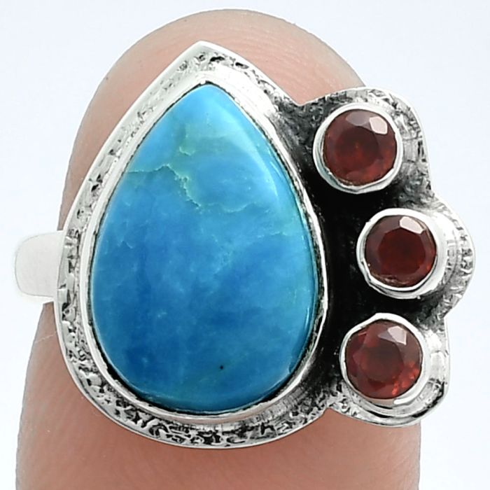 Natural Rare Turquoise Nevada Aztec Mt and Garnet Ring size-7 EXR05650 R-1655, 10x14 mm