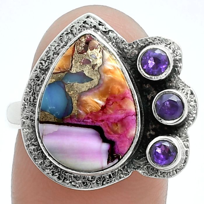 Kingman Pink Dahlia Turquoise and Amethyst Ring size-9 EXR05652 R-1655, 11x15 mm