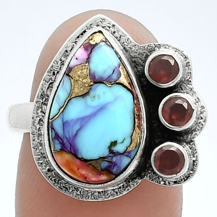 Kingman Orange Dahlia Turquoise and Garnet Ring size-9 EXR05656 R-1655, 10x15 mm