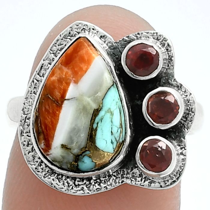 Spiny Oyster Turquoise and Garnet Ring size-7 EXR05661 R-1655, 9x13 mm