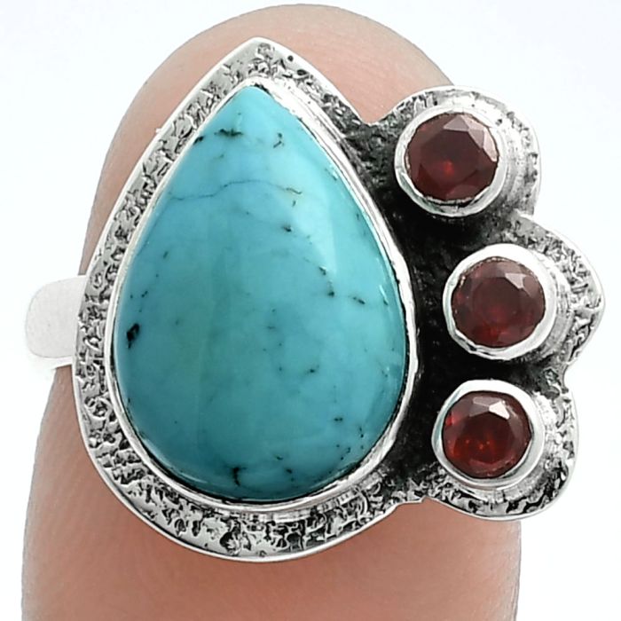 Natural Rare Turquoise Nevada Aztec Mt and Garnet Ring size-7 EXR05665 R-1655, 10x14 mm