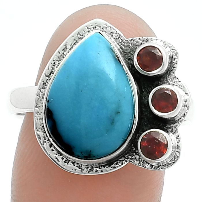 Natural Rare Turquoise Nevada Aztec Mt and Garnet Ring size-10 EXR05669 R-1655, 10x14 mm