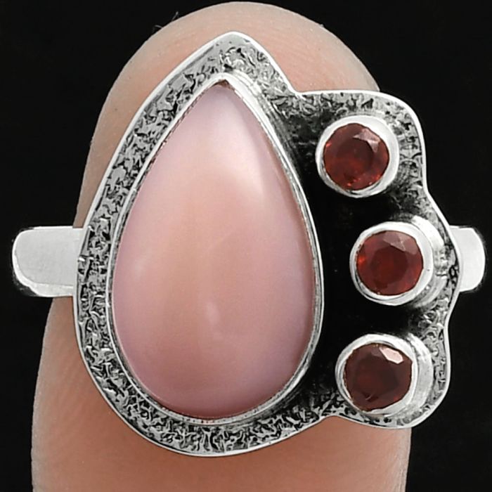 Pink Opal and Garnet Ring size-10 EXR05677 R-1655, 10x15 mm