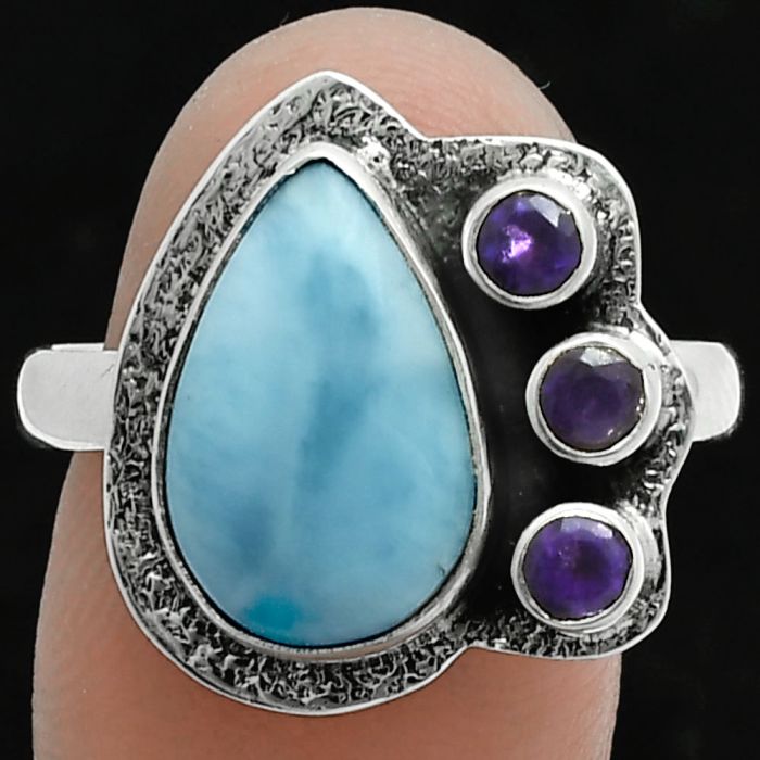 Larimar (Dominican Republic) and Amethyst Ring size-10 EXR05682 R-1655, 9x14 mm