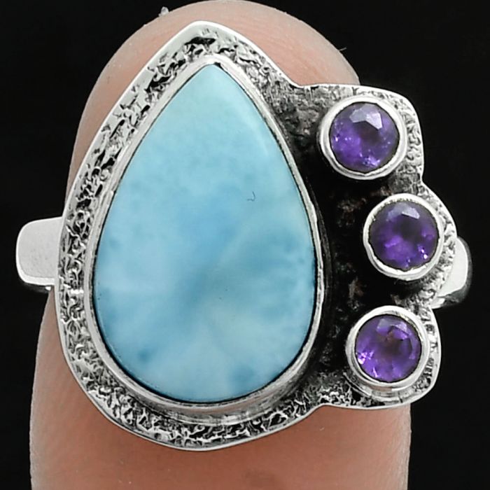 Larimar (Dominican Republic) and Amethyst Ring size-9 EXR05683 R-1655, 10x15 mm