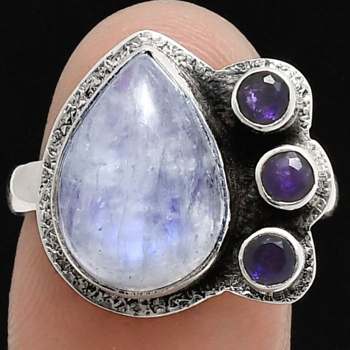 Rainbow Moonstone and Amethyst Ring size-8 EXR05686 R-1655, 10x14 mm