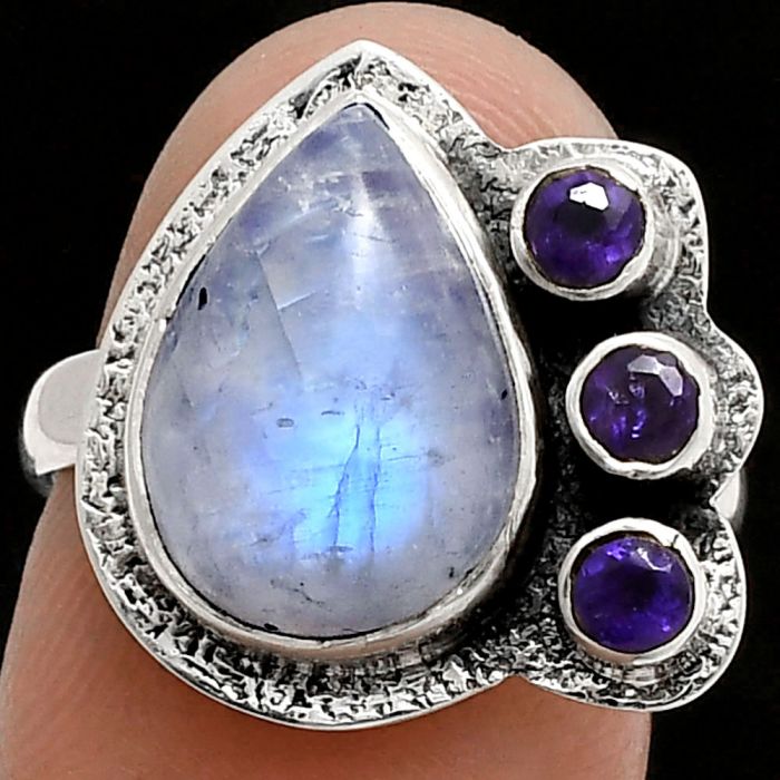 Rainbow Moonstone and Amethyst Ring size-7 EXR05687 R-1655, 10x14 mm