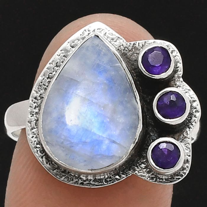 Rainbow Moonstone and Amethyst Ring size-9 EXR05690 R-1655, 10x14 mm