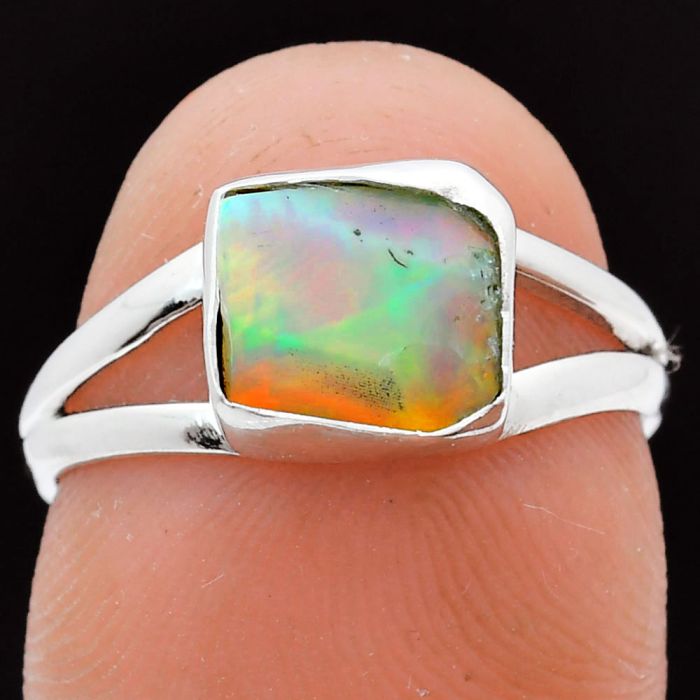 Ethiopian Opal Rough Ring size-7 EXR05878 R-1002, 8x8 mm