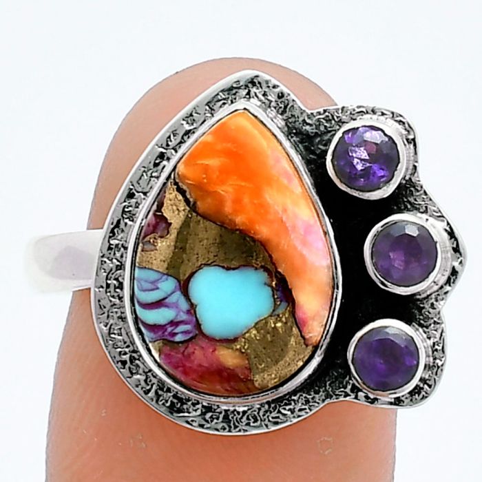 Kingman Orange Dahlia Turquoise and Amethyst Ring size-10 EXR05979 R-1655, 10x14 mm