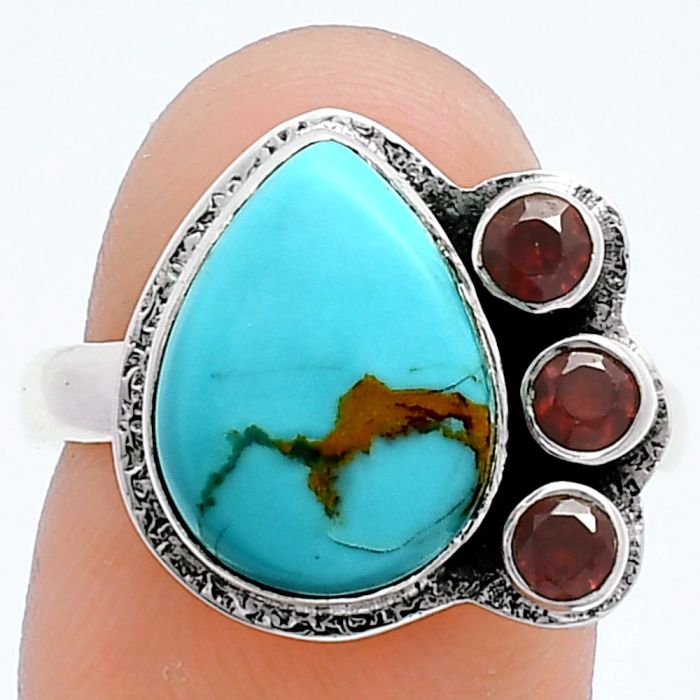 Natural Rare Turquoise Nevada Aztec Mt and Garnet Ring size-8 EXR05980 R-1655, 10x13 mm