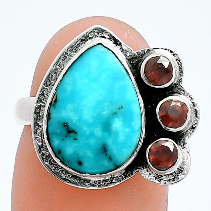 Natural Rare Turquoise Nevada Aztec Mt and Garnet Ring size-7 EXR05981 R-1655, 10x14 mm