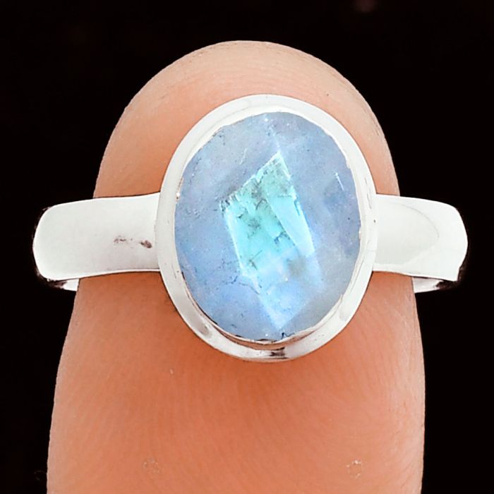 Rainbow Moonstone Checker Ring size-8 EXR05988 R-1007, 8x10 mm