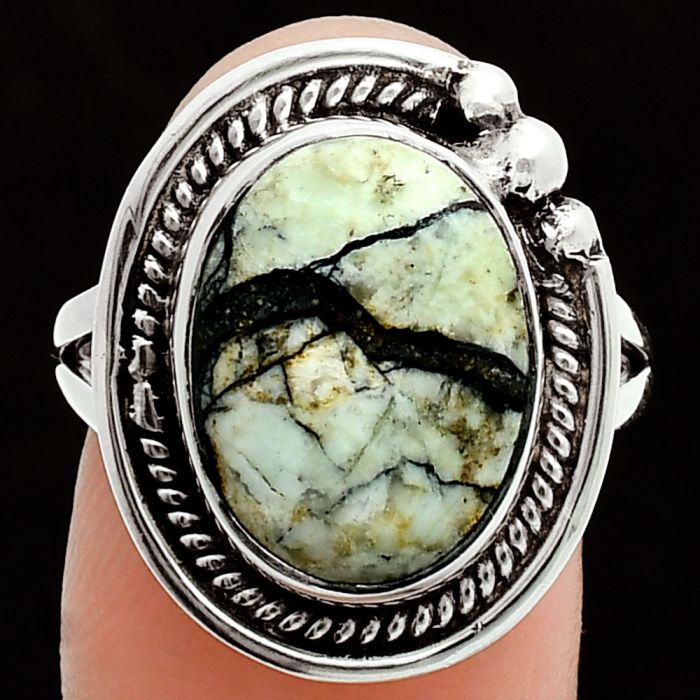 Authentic White Buffalo Turquoise Nevada Ring size-8 EXR05992 R-1148, 11x15 mm