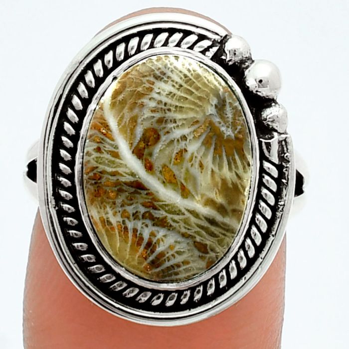 Flower Fossil Coral Ring size-7 EXR06012 R-1148, 11x15 mm