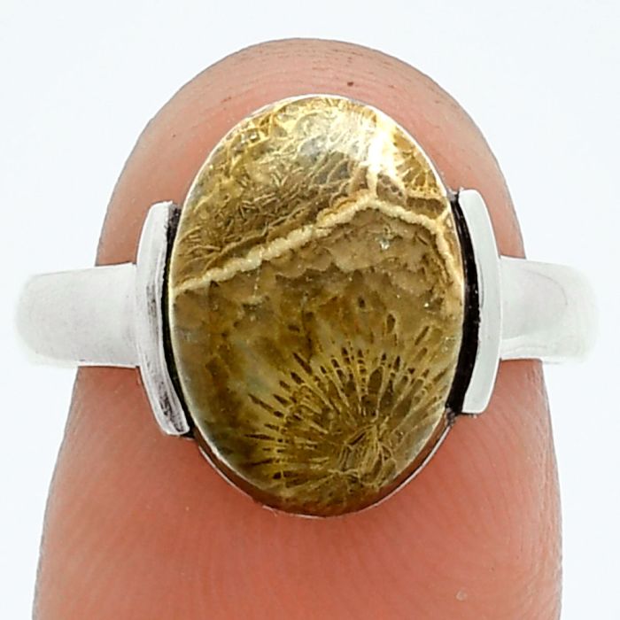 Flower Fossil Coral Ring size-7 EXR06063 R-1173, 10x14 mm