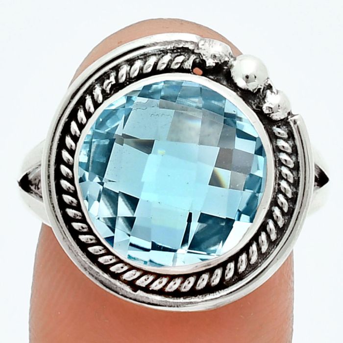 Sky Blue Topaz Checker Briolette Ring size-9 EXR06071 R-1148, 12x12 mm