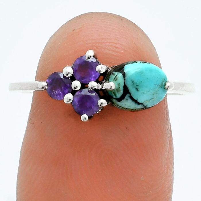 Lucky Charm Tibetan Turquoise and Amethyst Ring size-8.5 EXR06100 R-1250, 7x5 mm