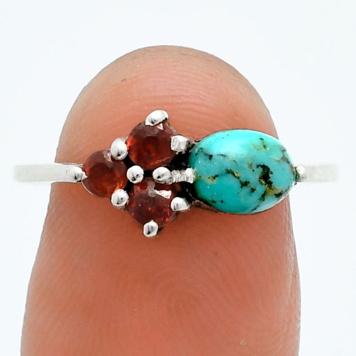 Natural Turquoise Morenci Mine and Garnet Ring size-8 EXR06101 R-1250, 7x5 mm