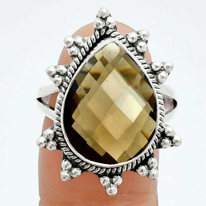 Smoky Quartz Checker Briolette Ring size-9 EXR06121 R-1234, 13x17 mm