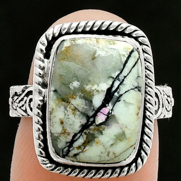 Authentic White Buffalo Turquoise Nevada Ring size-7 EXR06128 R-1067, 10x14 mm