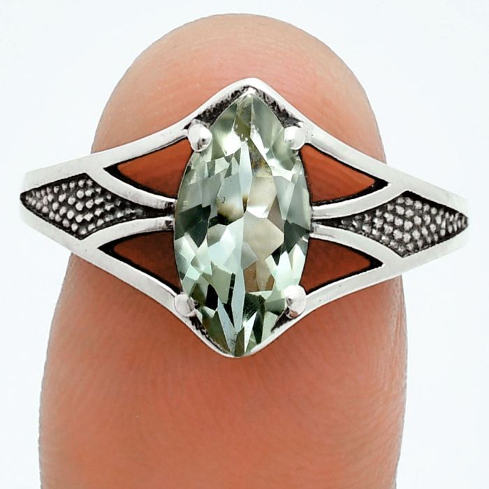 Prasiolite (Green Amethyst) Ring size-8.5 EXR06191 R-1727, 6x12 mm