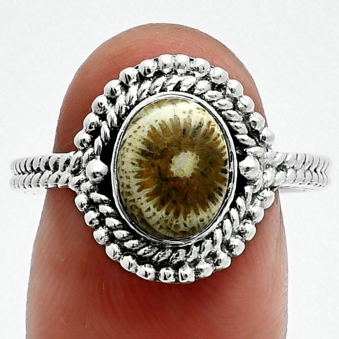 Flower Fossil Coral Ring size-8.5 EXR06293 R-1729, 7x9 mm