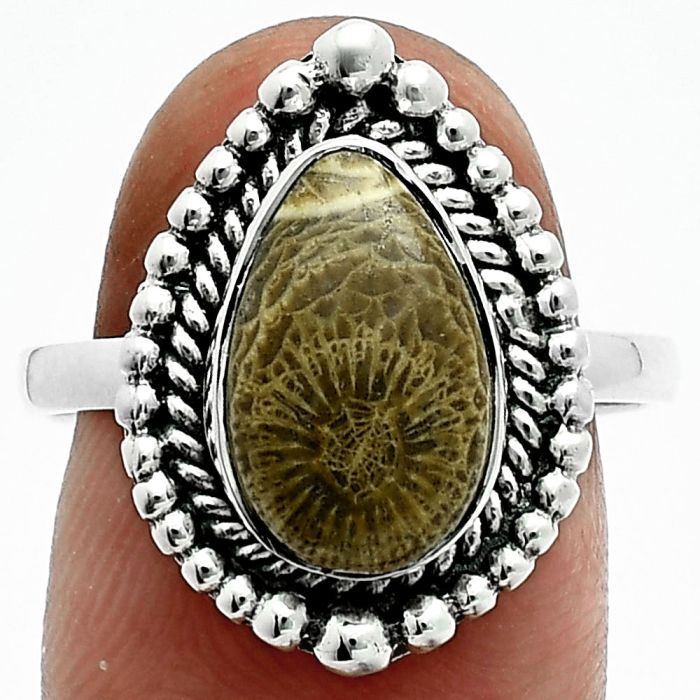 Flower Fossil Coral Ring size-8.5 EXR06320 R-1154, 8x12 mm