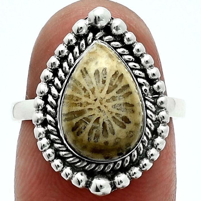 Flower Fossil Coral Ring size-7 EXR06322 R-1154, 8x12 mm