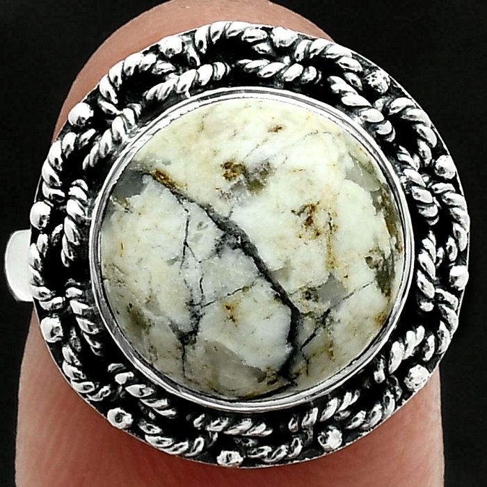 Authentic White Buffalo Turquoise Nevada Ring size-7 EXR06323 R-1266, 12x12 mm