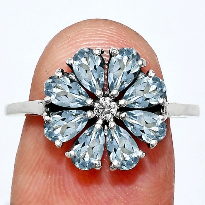 Sky Blue Topaz and Moissanite Ring size-8 EXR06346 R-1031, 3x5 mm