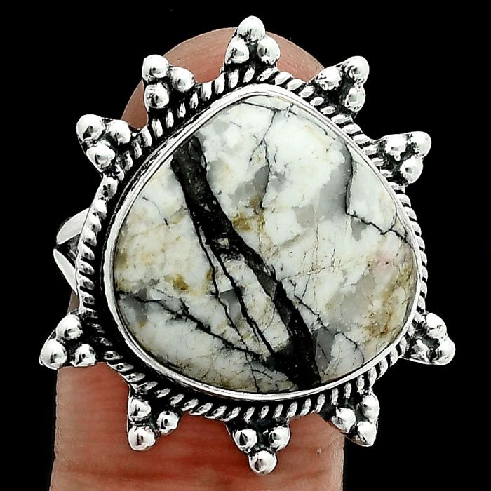 Authentic White Buffalo Turquoise Nevada Ring size-8 EXR06384 R-1234, 17x18 mm